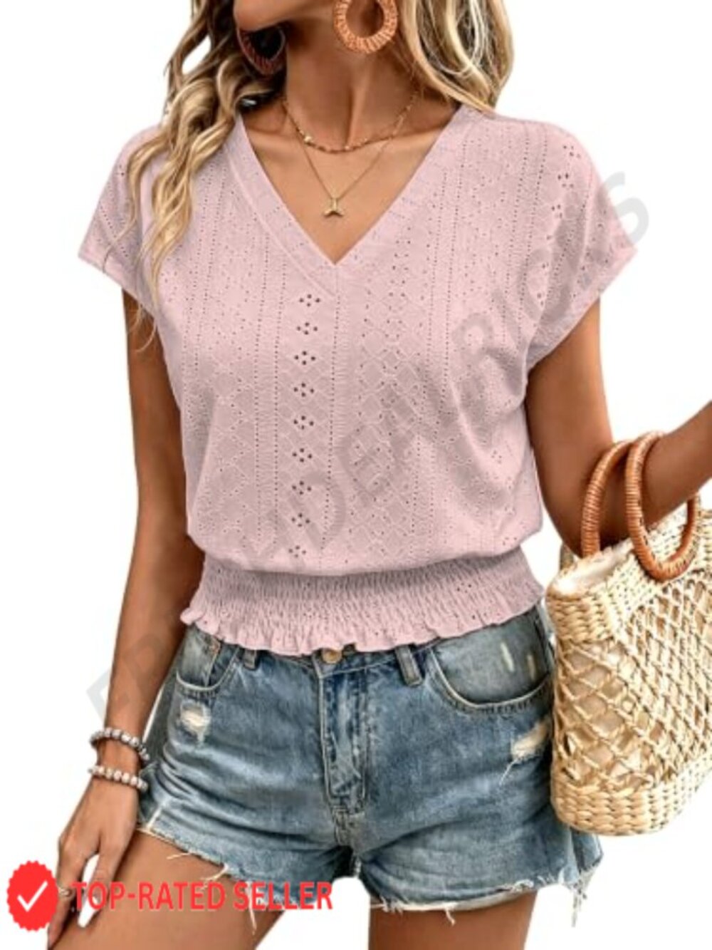 Eyelet V Neck Smocked Waist Short Sleeve Peasant Blouse Women